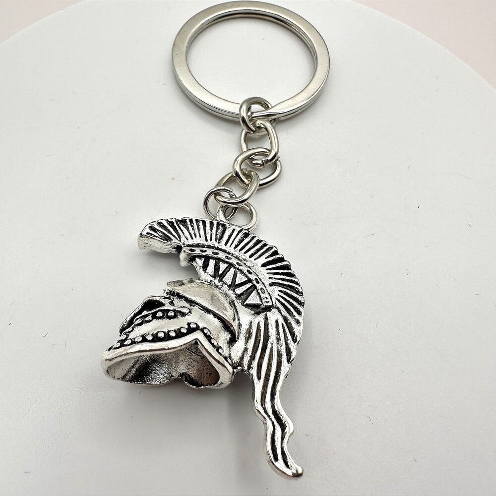 Vintage 90s Silver Tone Spartan Warrior Helmet Keychain Greek Gladiator Jewelry